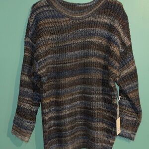 a.n.a Blue and Gray Crew Neck Sweater with Ribbed Knit